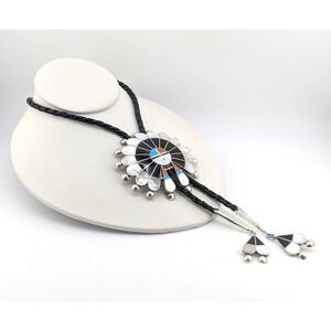 Handmade Zuni Large Medallion Sun Face Inlay Bolo Tie Leather Signed Accessory**